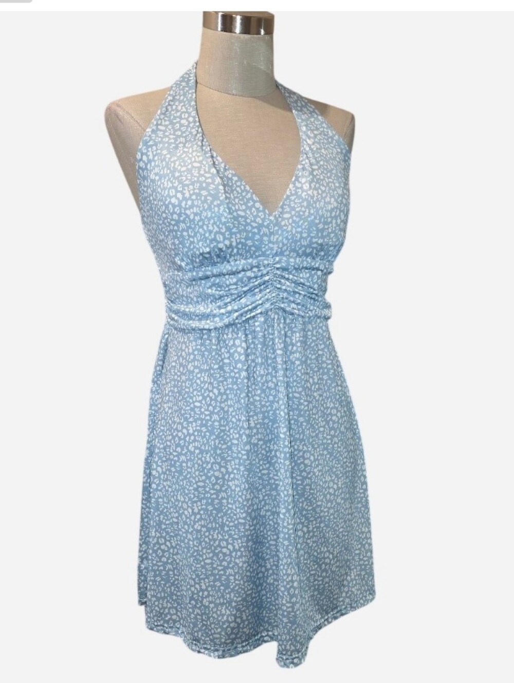 Kiwi + Punch Light Blue & White Halter Mini Sundress.  Size Small.